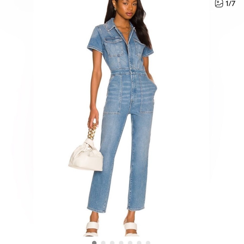 Good American Light Blue Straight-Leg Denim Jumpsuit